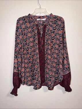 ASTR The Label Floral Peasant Blouse Tie Neck Smocked Cuffs XS